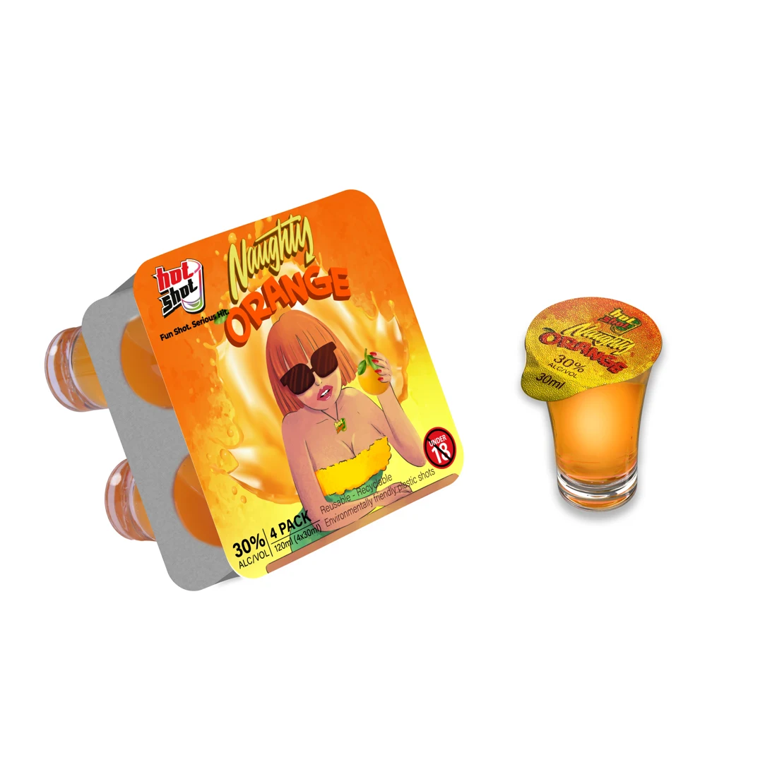 Naughty Orange four-pack and shot